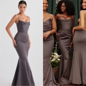 House of CB 'Violette' Shadow Grey Satin Fishtail Maxi Gown NWOT